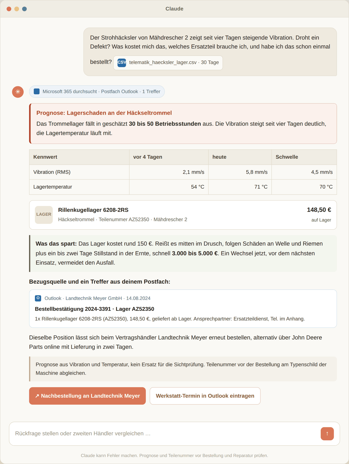 KI-Dialog zur steigenden Vibration eines Strohhäckslers. Die Prognose nennt das Trommellager, die verbleibenden Betriebsstunden, die Teilenummer und den Preis.