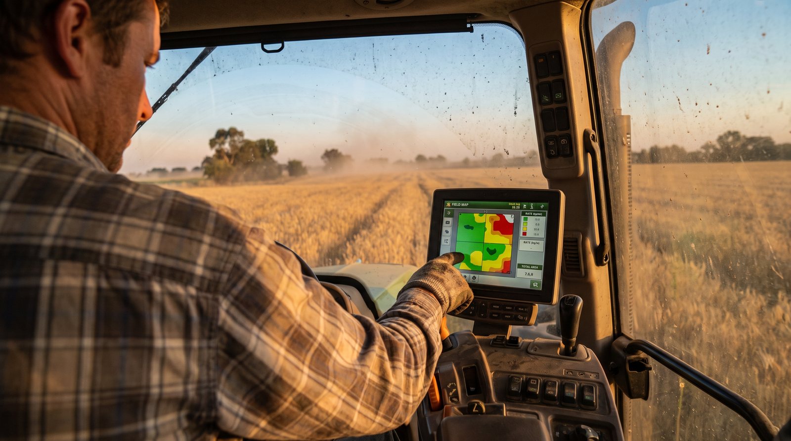 Blick ueber die Schulter auf das Bordterminal eines Traktors. Auf dem Display liegt eine Applikationskarte mit farbigen Zonen, davor das abgeerntete Feld.