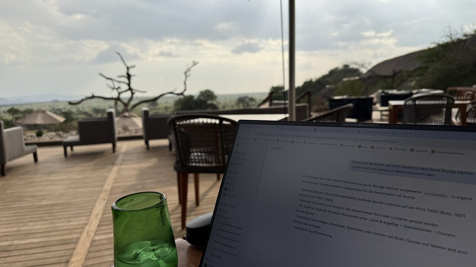 Arbeiten mit Laptop auf einer Terrasse mit Blick in die Savanne