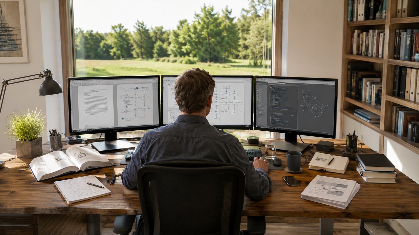 Arbeiten am Schreibtisch mit drei Monitoren, darauf Dokumentation, Architekturdiagramme und Code