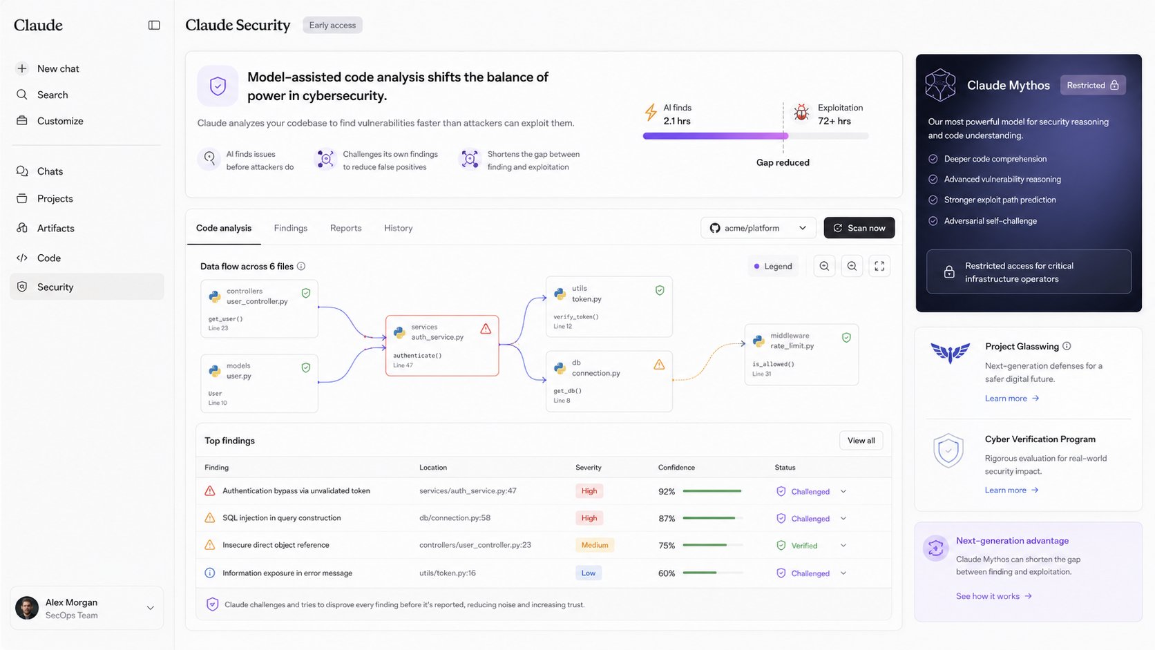 Claude-Security-Oberfläche mit Datenflussanalyse und Befunden