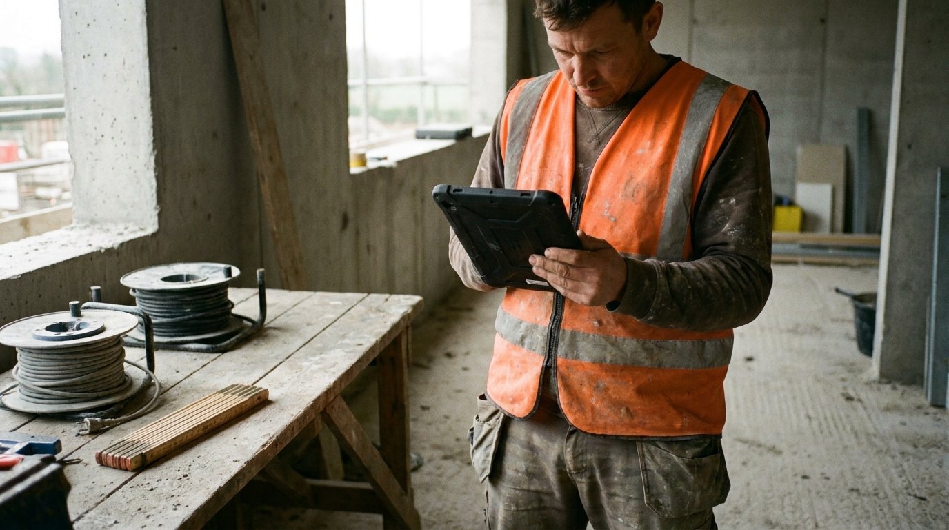 Handwerker in Warnweste bedient ein robustes Tablet im Rohbau