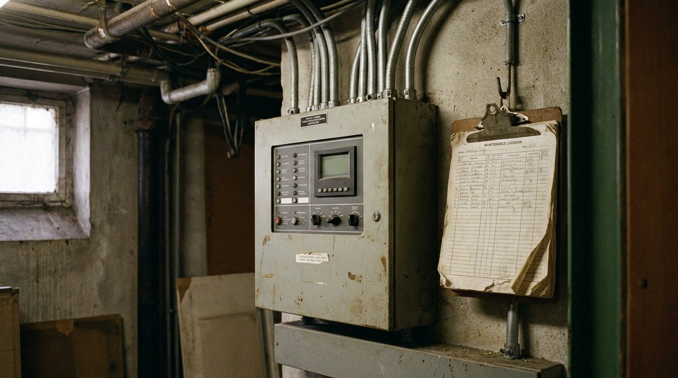 Brandmeldezentrale an der Wand eines Technikraums mit Wartungsbuch daneben