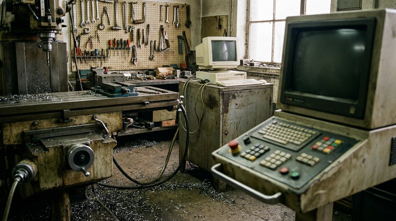 CNC-Fräse in einer Werkstatt, daneben ein älterer Steuerrechner