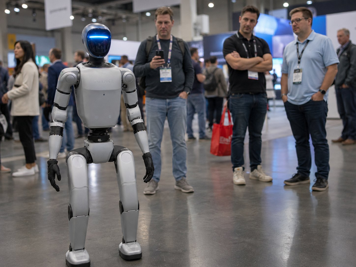 Humanoider Roboter auf einer Technologiemesse als Sinnbild für die schnelle Entwicklung von KI und Robotik