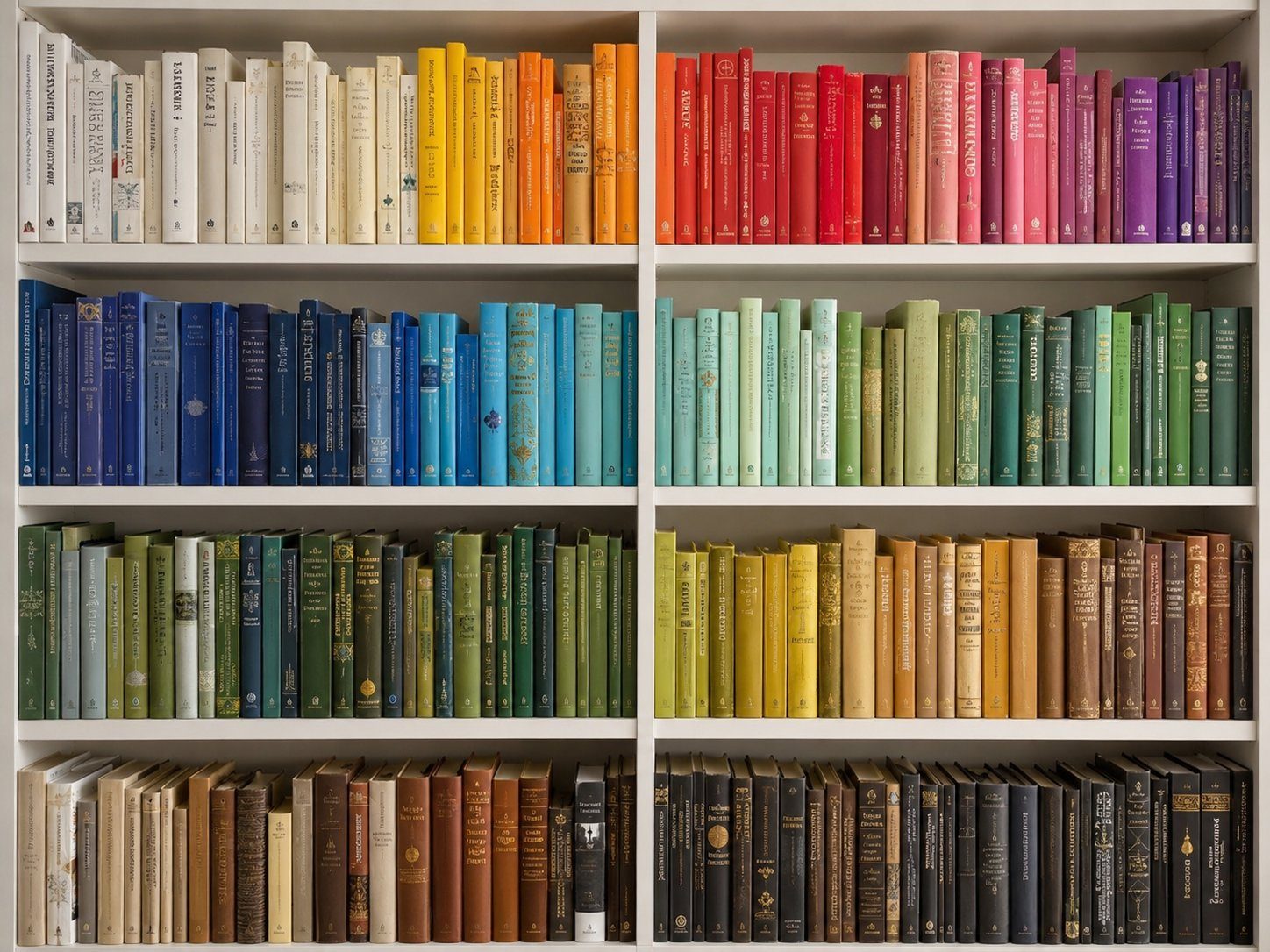 Nach Farben sortiertes Bücherregal als Sinnbild für über 100 Fachbücher aus vielen Jahren