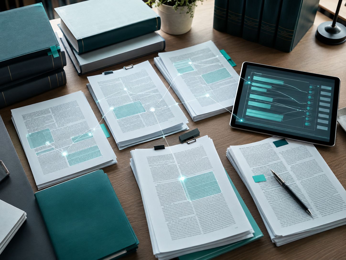 Komplexe Akten und Gesetzestexte mit digitalen Hervorhebungen, daneben ein Tablet zur Analyse
