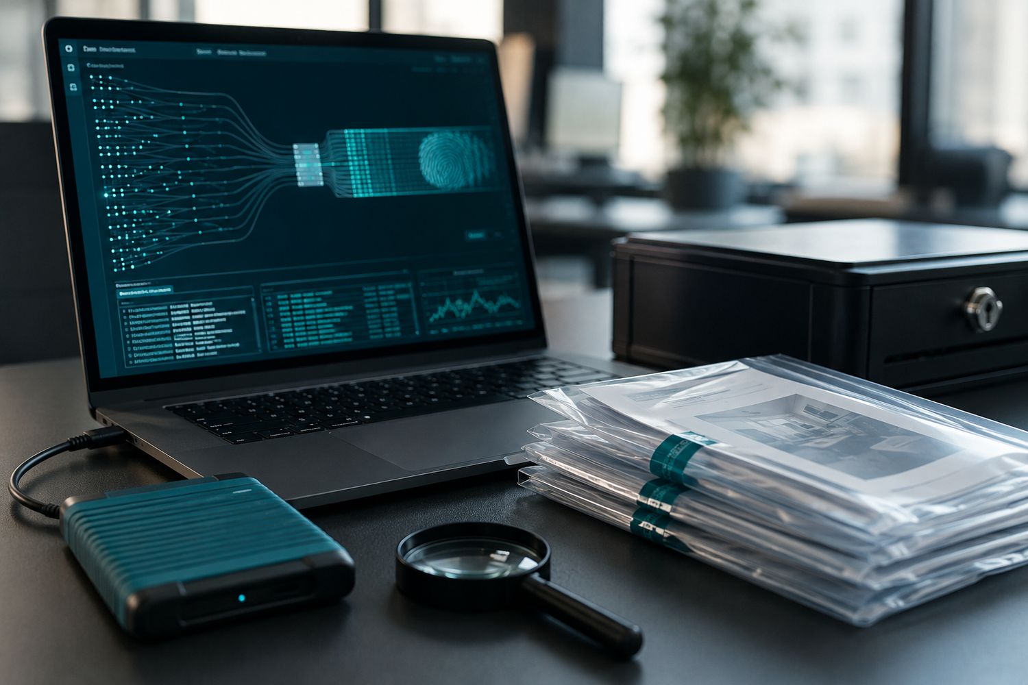 Digitale Beweissicherung mit Datenanalyse, gesicherter Festplatte und Beweismittelbeuteln
