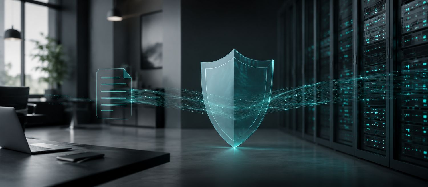 Schutzschild zwischen Dokument und Serverschrank, sinnbildlich für abgesicherte Cloud-Daten