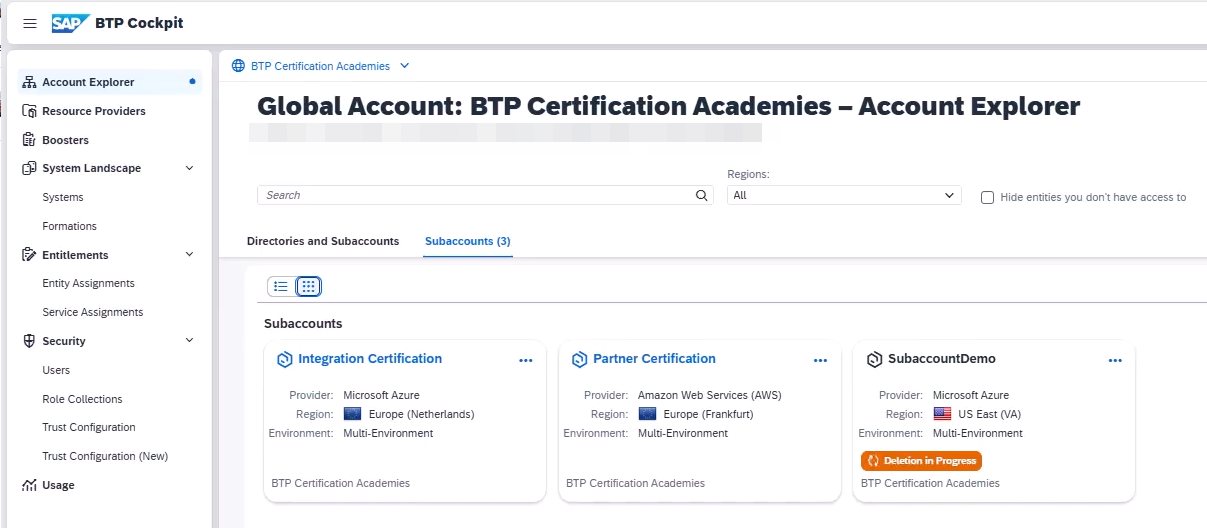 SAP BTP Cockpit mit dem Account Explorer und mehreren Subaccounts auf verschiedenen Hyperscalern.