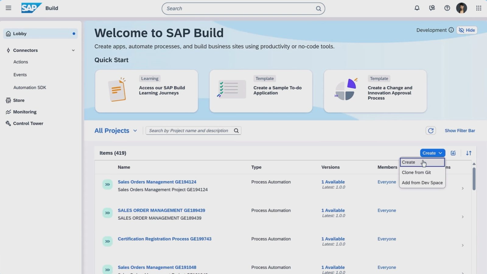 SAP Build Lobby mit Projektliste und Vorlagen für Prozessautomatisierung.