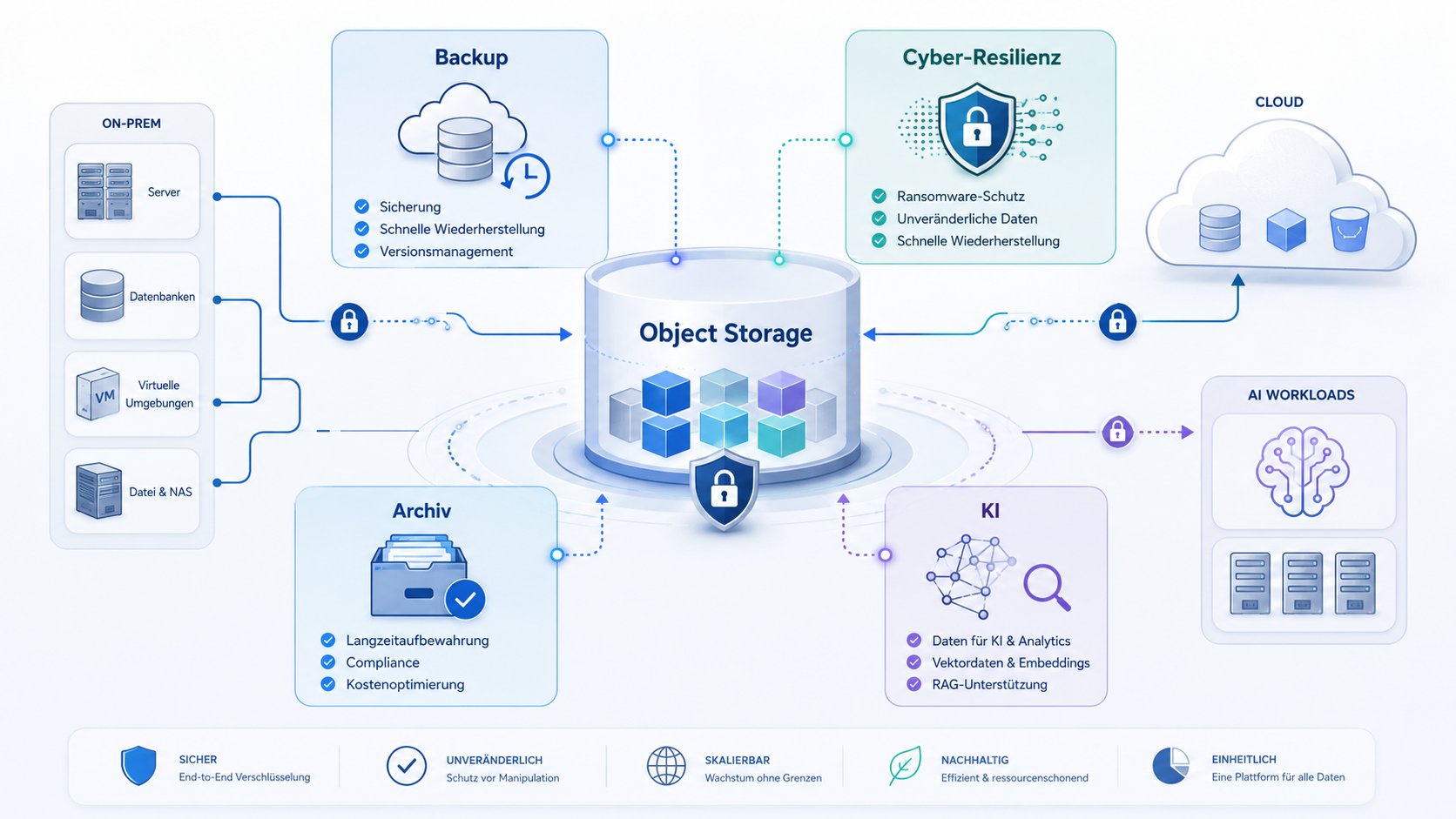 Object Storage als eine Plattform für Backup, Archiv, Cyber-Resilienz und KI-Workloads über On-Premises und Cloud