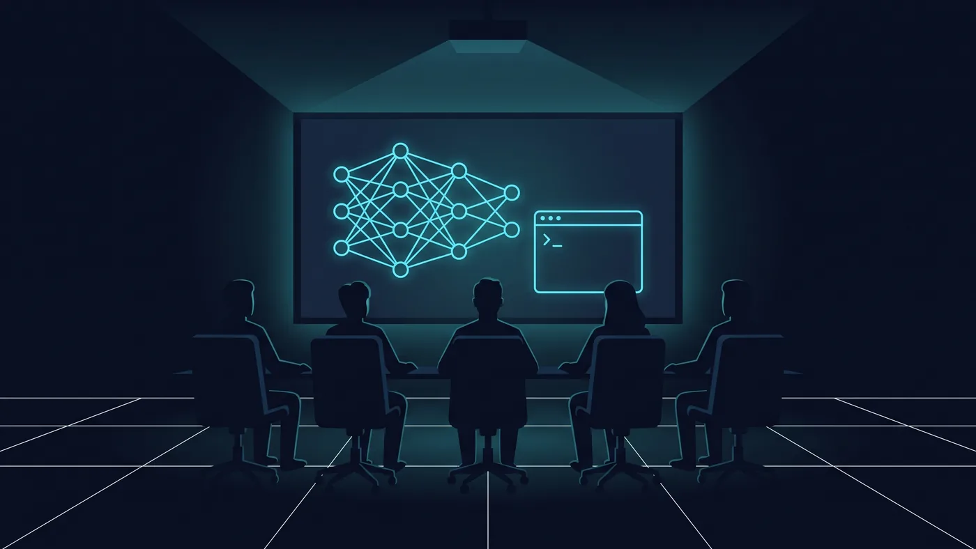 Grafik eines Schulungsraums mit Projektionsfläche und Netzgrafik in Cyan
